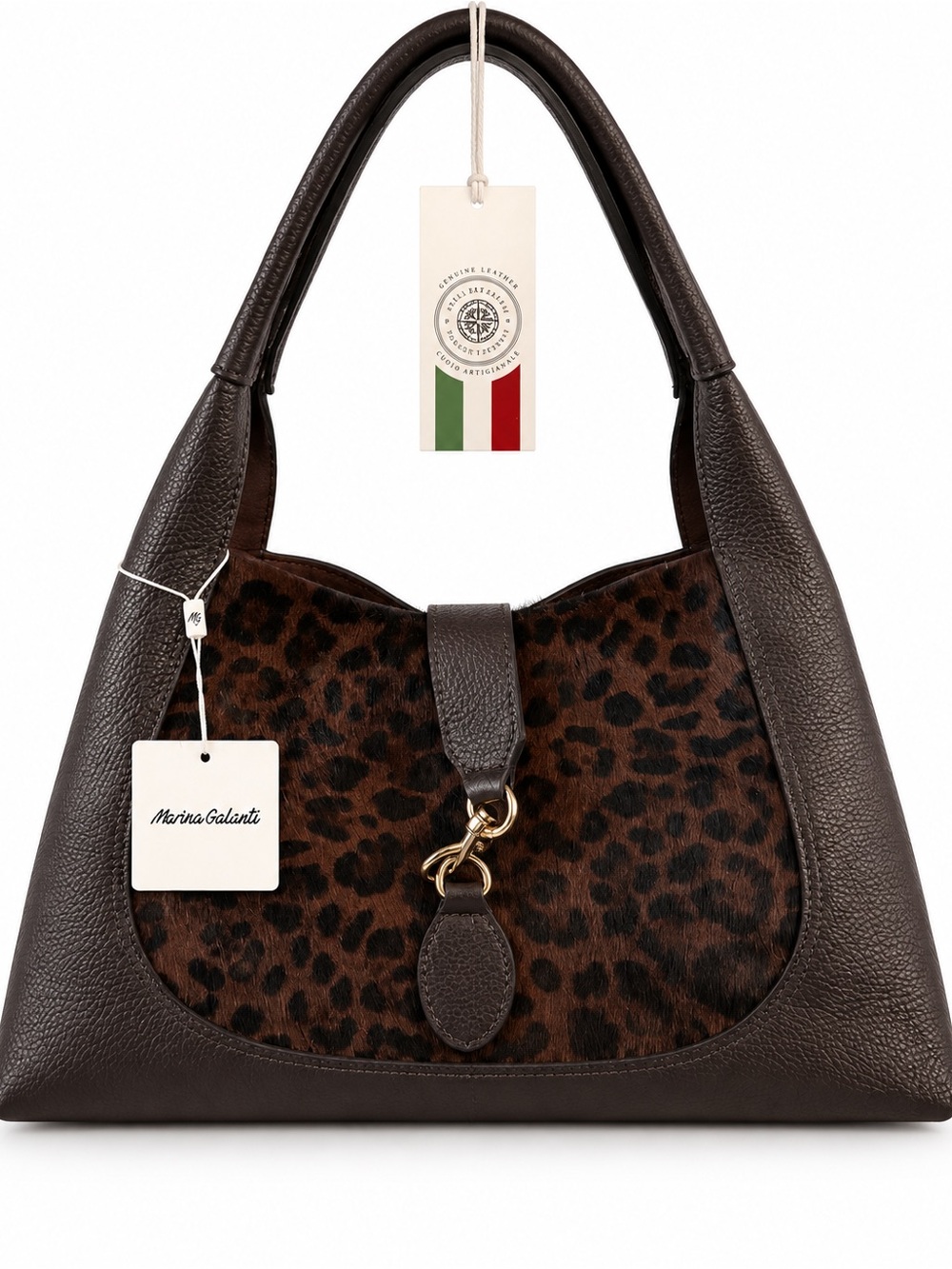 Marina Galanti Dark Brown Leopard-Accent Leather Shoulder Bag